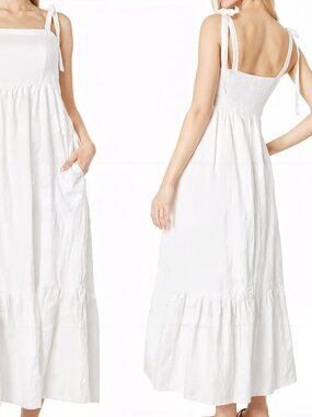 Express White Tiered Maxi Dress | Size Large | 100% Cotton  | Tie Shoulder Strap
